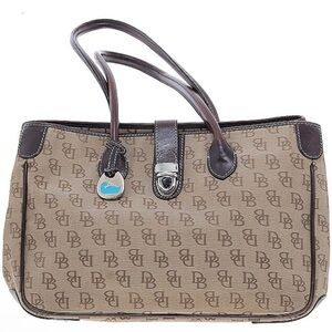 Dooney & Bourke Womens Double Signature Tote Shoulder Bag Brown Leather Trim